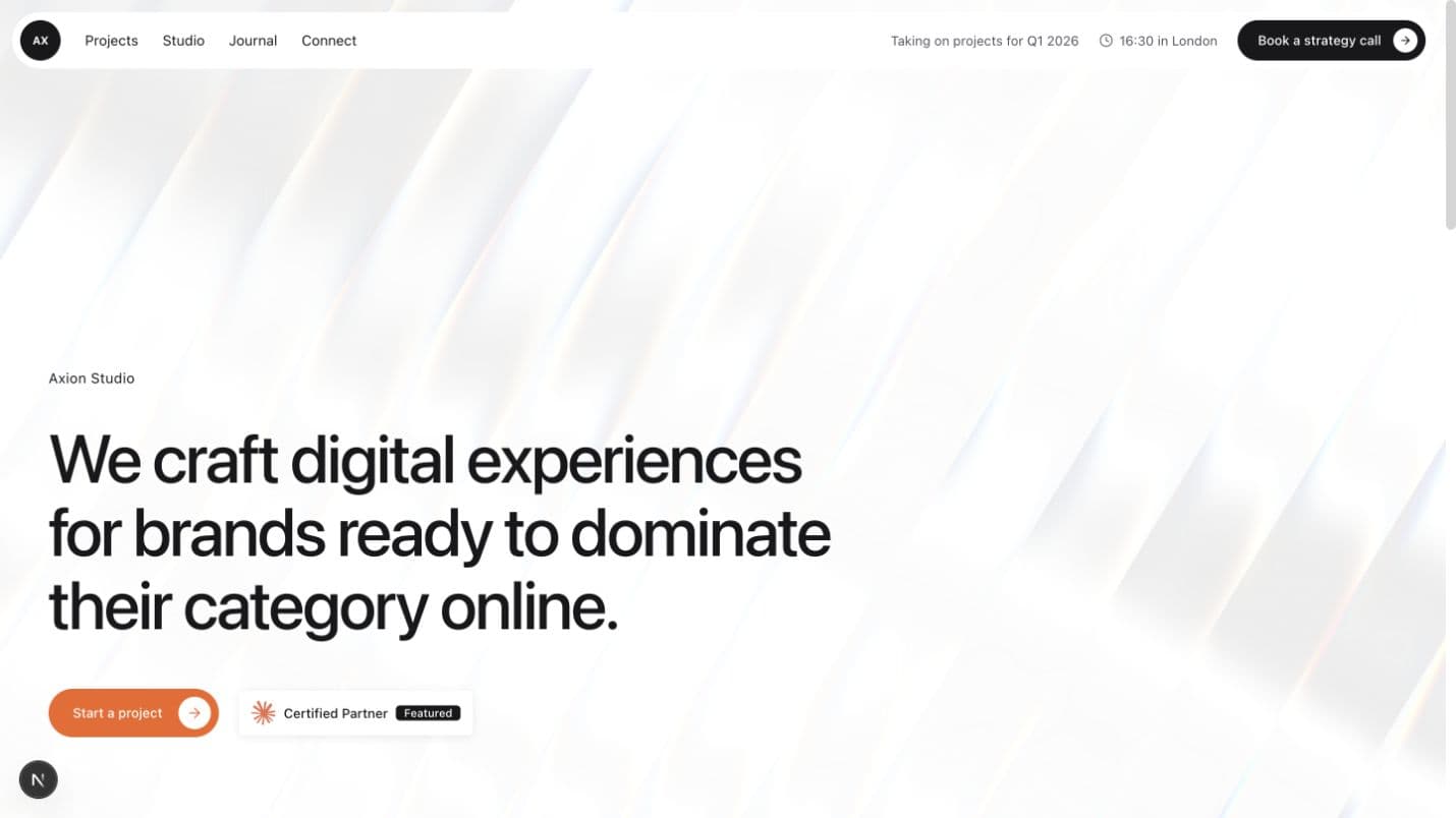 Axion Studio landing page hero for category-leading digital experiences