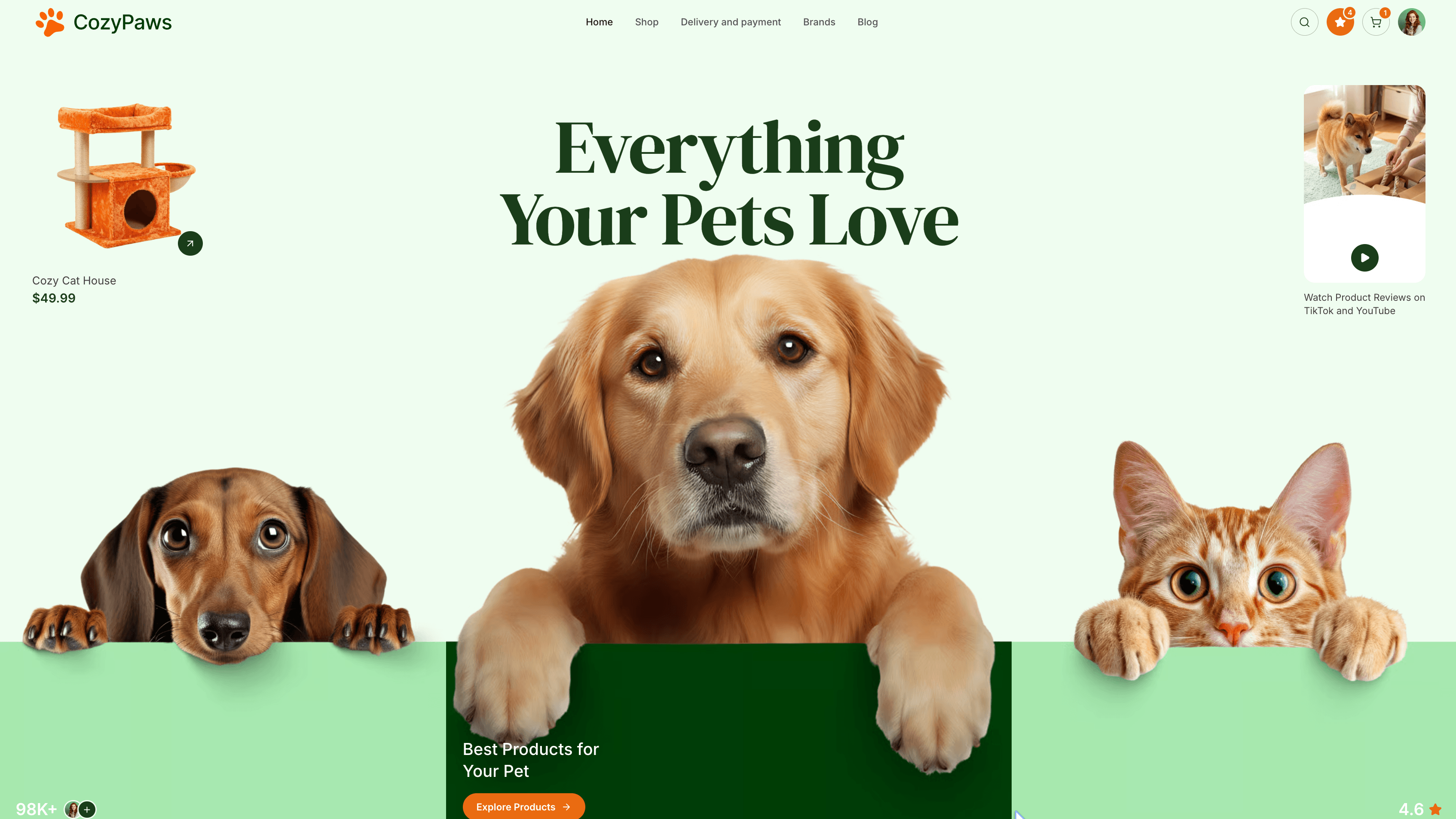 CozyPaws landing page hero with pets and a product marketplace