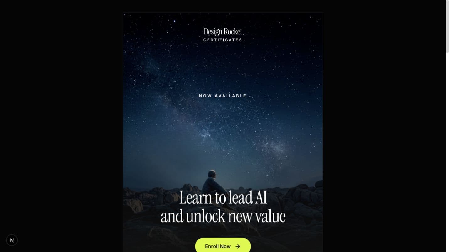 Design Rocket Certificates landing page hero for AI transformation training