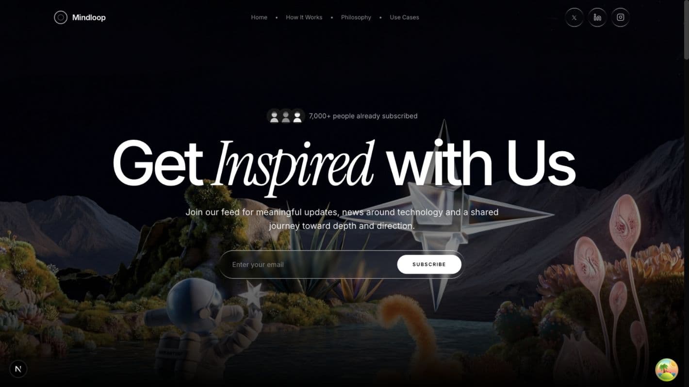 Mindloop landing page hero with an inspired editorial landscape