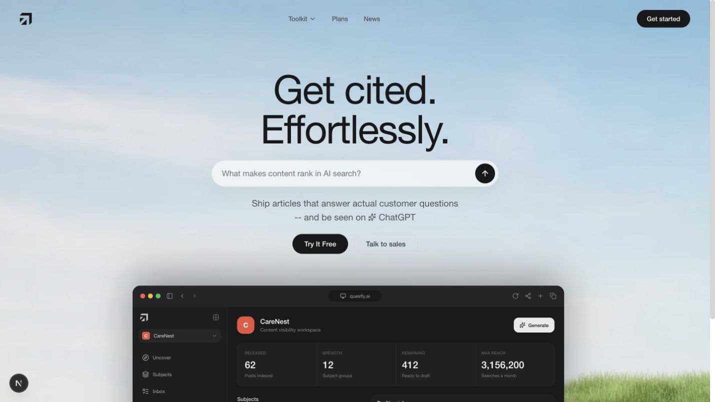 Questly landing page hero for AI search content strategy