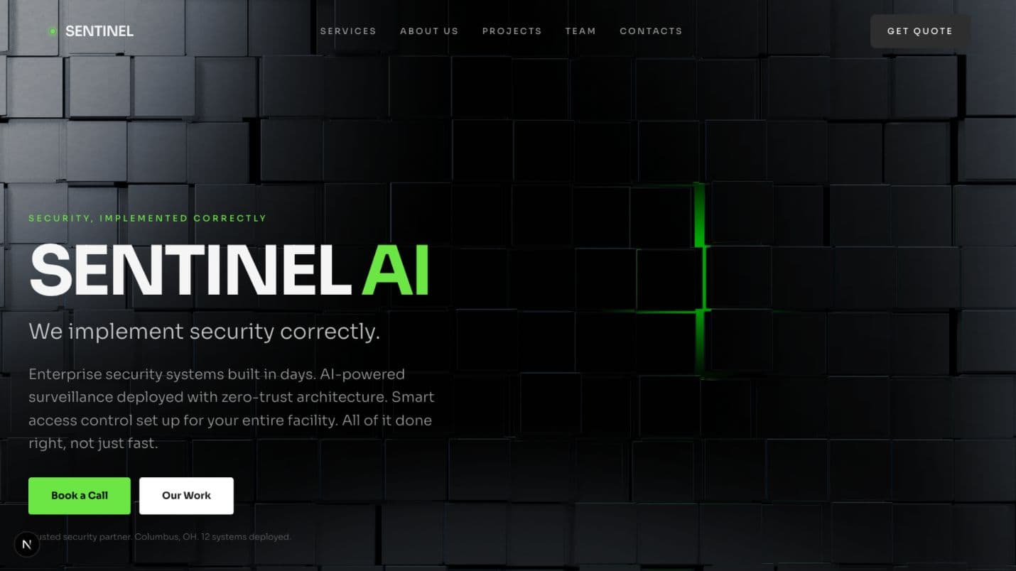 Sentinel AI landing page hero for enterprise security systems